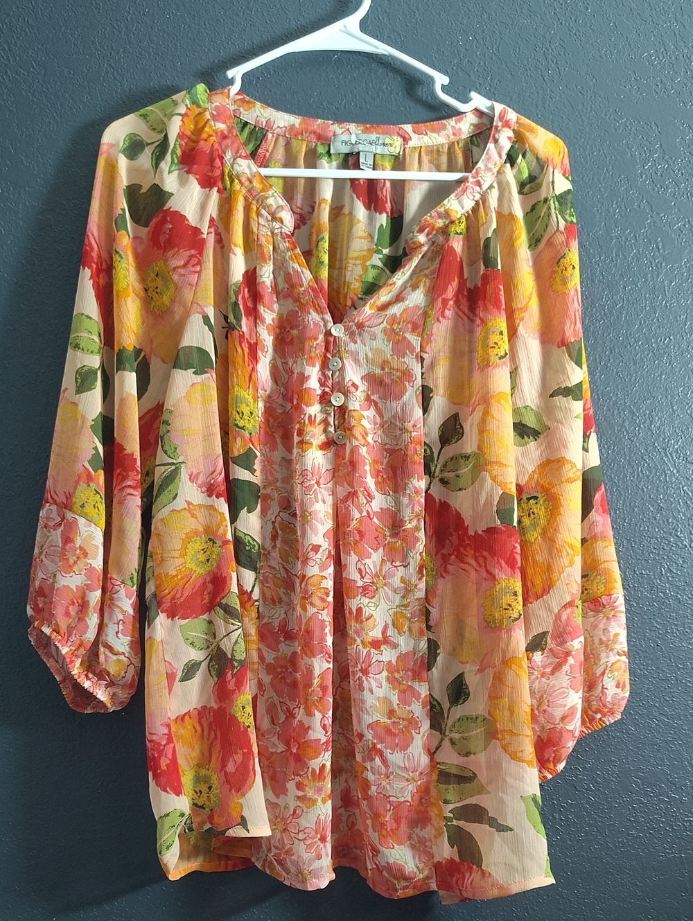 Figueroa & Flower Sheer V Neck Floral Button Front Peasant Blouse Large